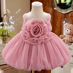 Big Flower Lace Elegant Girl Party Tutu Dress Princess Gown For Birthday Baby Girls Pink Summer Holiday Clothes Toddler Costume