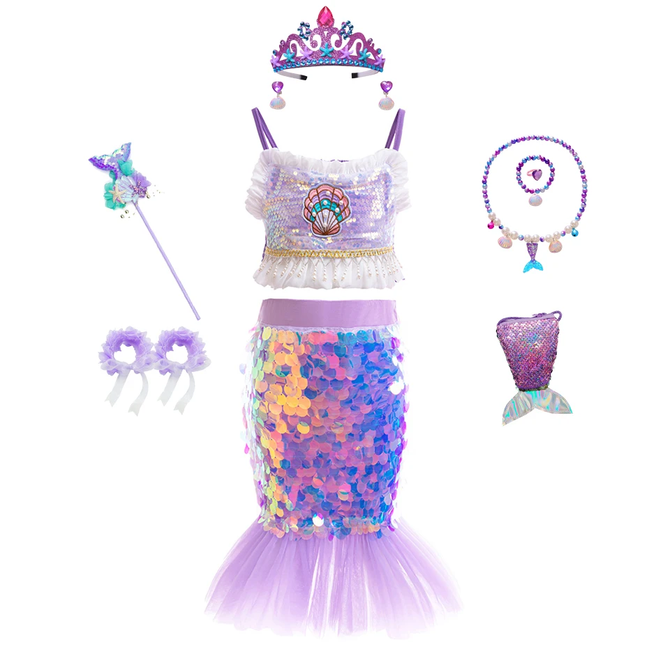 Girls luxury Princess Dress 2 Piece Set Sequin Cami Top with Fish Tail Skirt Kids Princess Outfit for Halloween Birthday Party