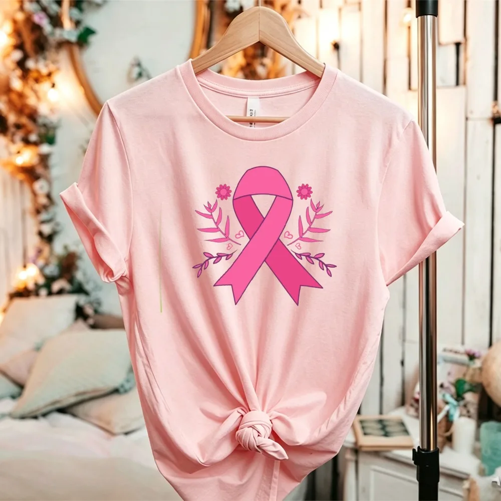 Floral Wreath Pink Ribbon Breast Cancer Awareness T-Shirt Casual Cotton Ladies Breast Cancer Warrior Support Graphic Daily Tops