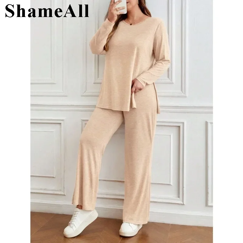 Women's Plus Size New in Autumn Round neck slit long sleeved T-shirt And Straight Leg Pants Two Piece Outfits