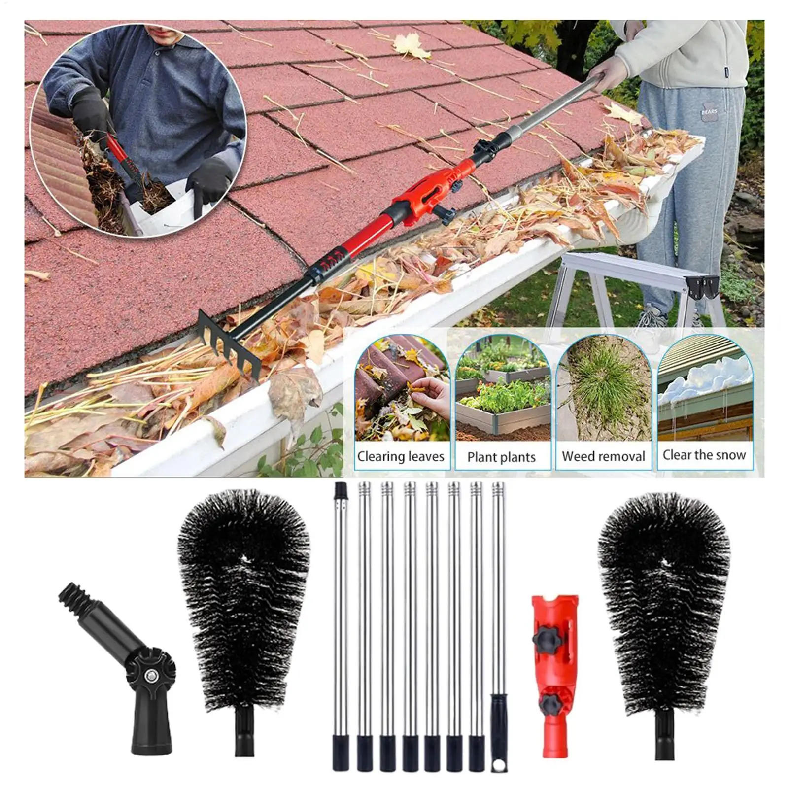 Gutter Cleaning Tools From The Ground Rain Gutter Cleaner Brush With Telescopic Pole No Ladder Needed 10.5 Ft Long Reach Pole