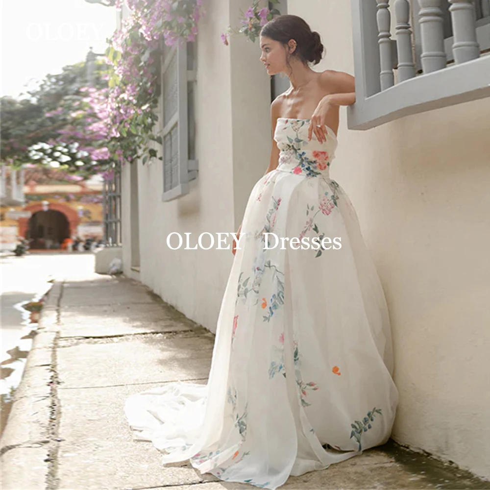 

OLOEY Exquisite Flowers Print Strapless Wedding Dresses Floor Length A Line Bride Gowns Sleeveless Zip Silky Organza Customized