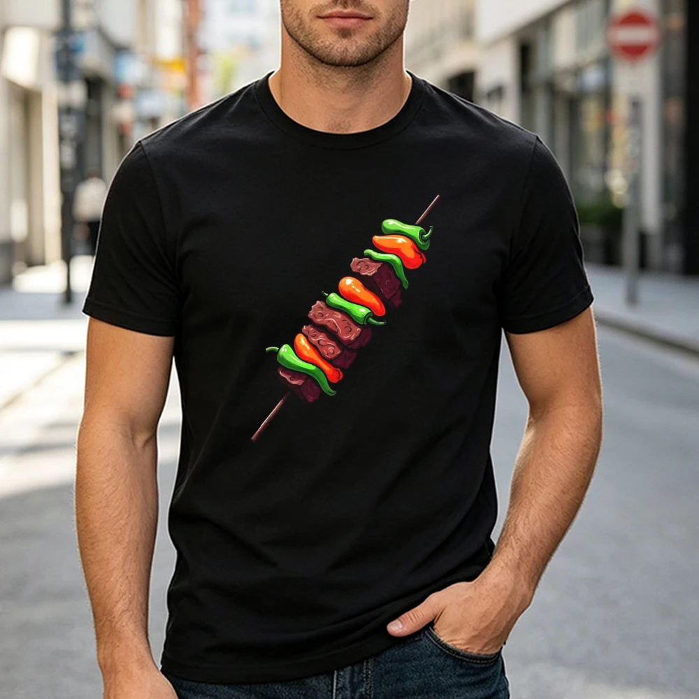 Vibrant Meat Peppers Skewer Men T Shirt Colorful Grilled Barbecue Graphic Tee Outdoor Camping Cookout Party Food Lover Tees