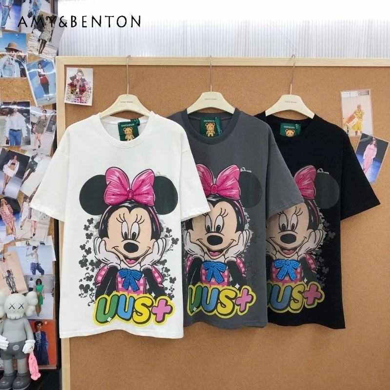 

Korean Style Fashion Casual Beaded Cartoon Print Cotton Short Sleeved T-shirt Ladies New Loose Pullover Tops Tees Kawaii Clothes