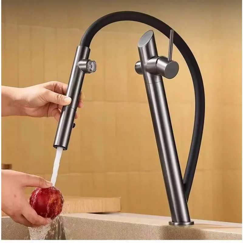 التصميم الحديث الساخن الفاخرة عالية الجودة النحاس الرمادي سحب صنبور المطبخ خرطوم قضيب بالوعة #3