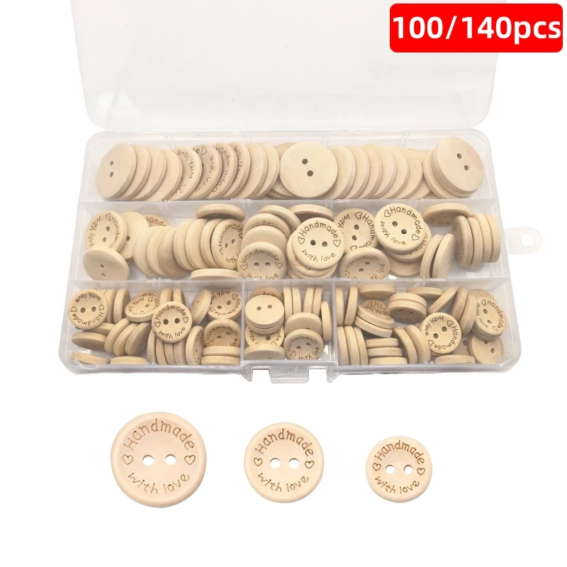 

100/140 Pcs Assorted Sizes Wood Buttons Set, Natural Khaki Handmade with Love Tags for Sewing,Crafting, DIY Clothing Accessories