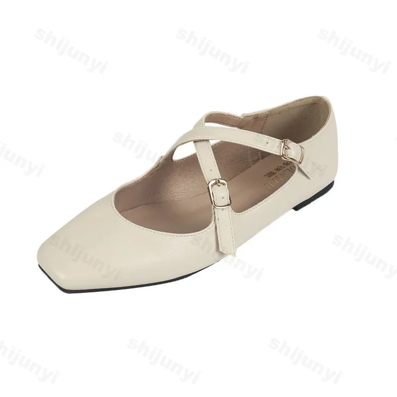 Low Heeled Mary Jane Single Shoes 2025 Women Shoes Retro Shallow Ballet Shoes Cross Buckle Shallow Soft Sole Flats Plus Size 44