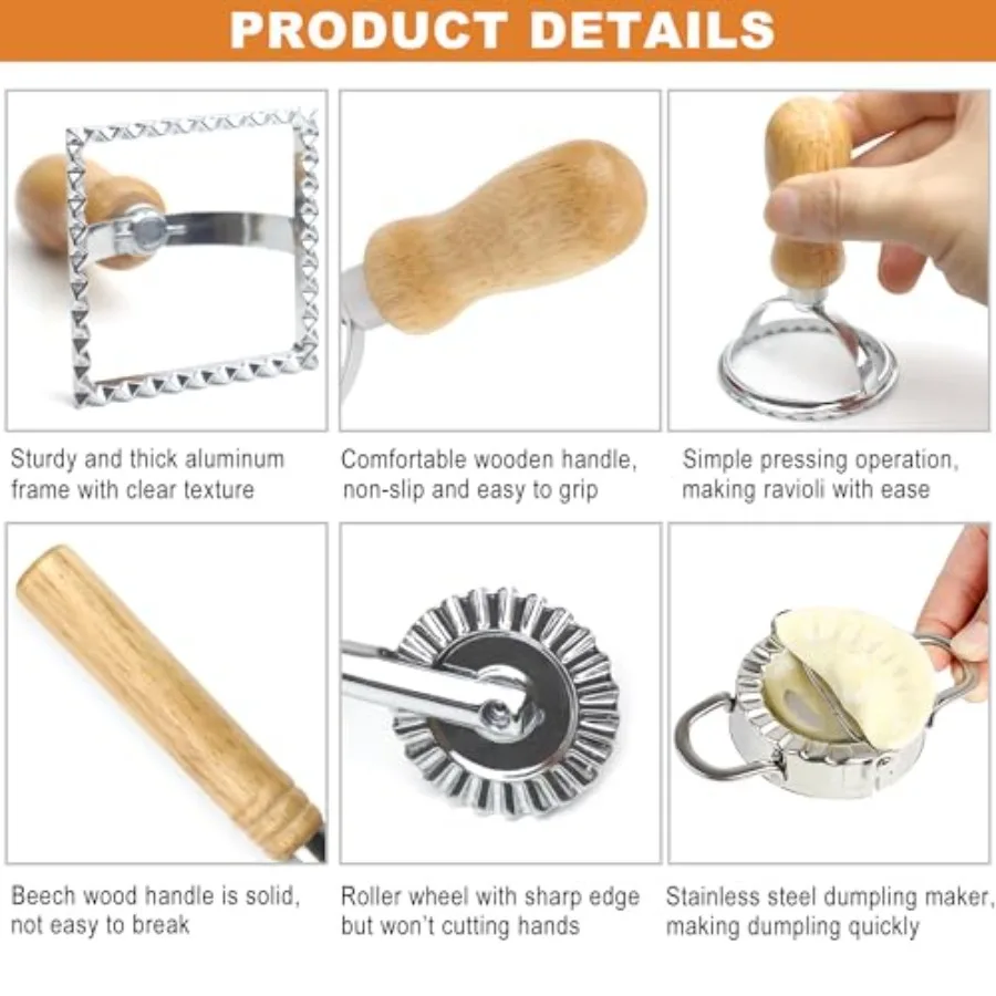 ماكينة صنع المعكرونة رافيولي مع مجموعة عجلات دوارة مكونة من 6 أدوات صنع معكرونة رافيولي محلية الصنع بمقبض خشبي مثالية للحرف اليدوية