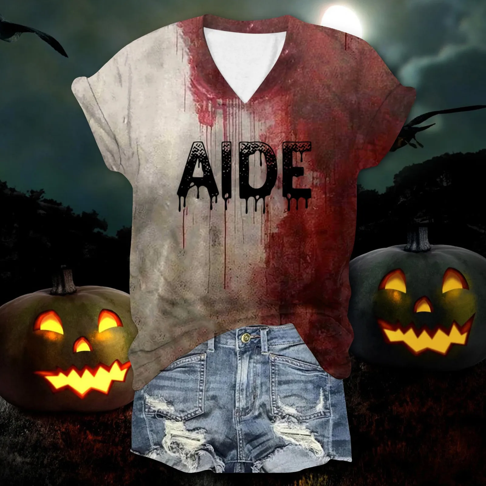 

Halloween Bloody Gradient Printing T-Shirts Women V Neck Tops Streetwear Short Sleeves Blouses Blusas De Mujer Tendencia Shirts