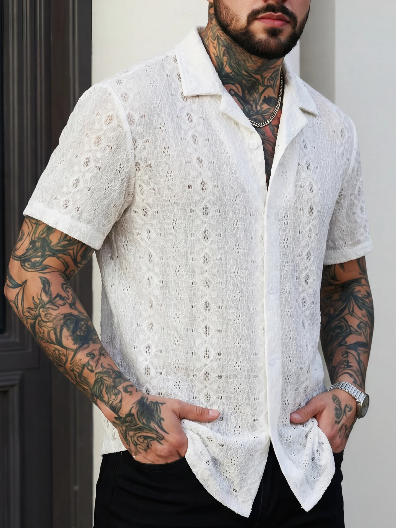 Men's Lace Hollow-out Shirt, Nightclub Party Sexy Perspective Dress, Breathable Casual Business Men's Shirt