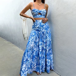 Elegant Print Suspender Tube Top Skirt Set Women'S Sexy Sleeveless Long Dress Two-Piece Set New Lady Fashion Dating Sweet Suit