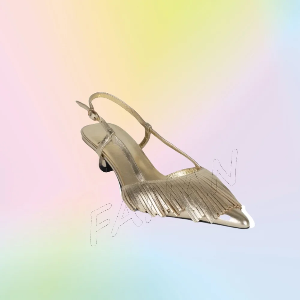 

Туфли-лодочки с золотой бахромой и декором, сандалии с ремешком сзади, высокие туфли на тонком каблуке для женщин, свадебные туфли с открытым носком, 2025 Zapatillas Mujer