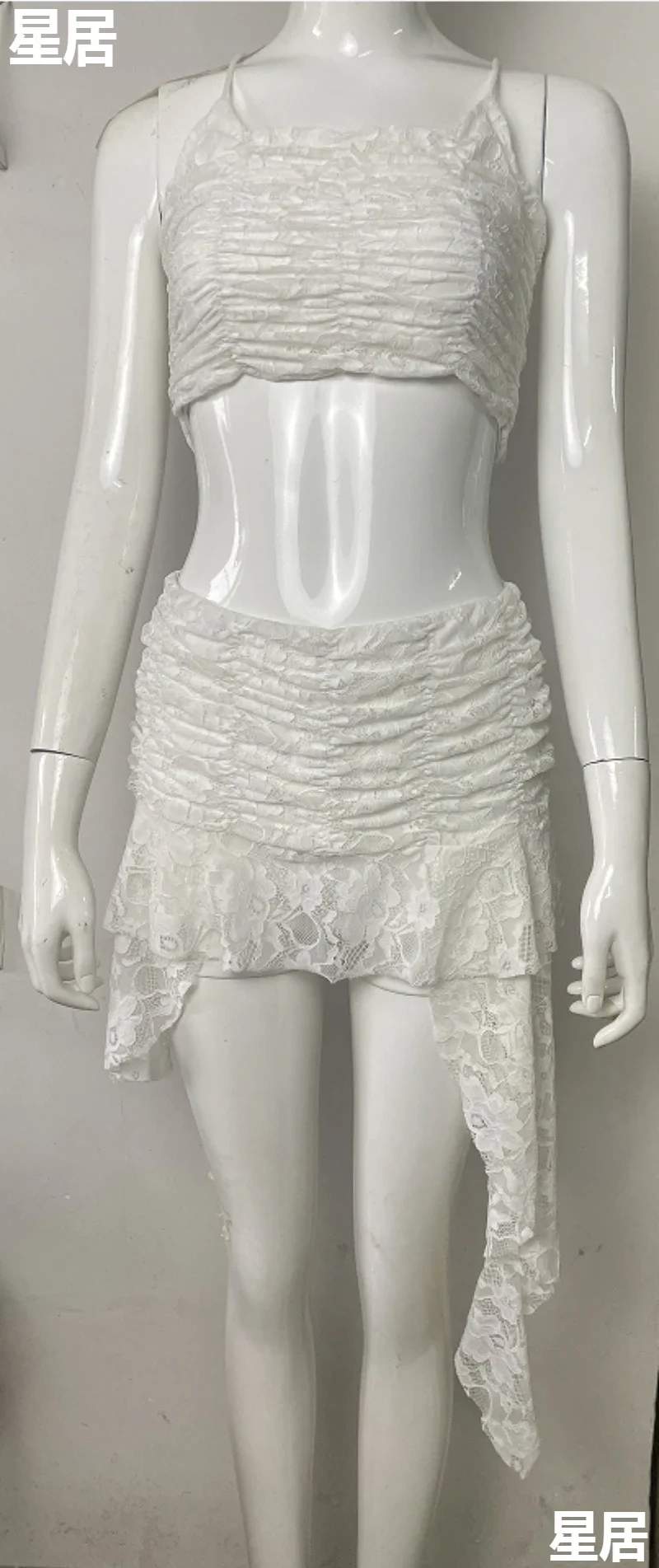 Traje de baile de Jazz para grupo de mujeres, Tops con tirantes de encaje blanco, falda Irregular Kpop, trajes, ropa de Hip Hop, ropa de bailarina para fiesta en club nocturno