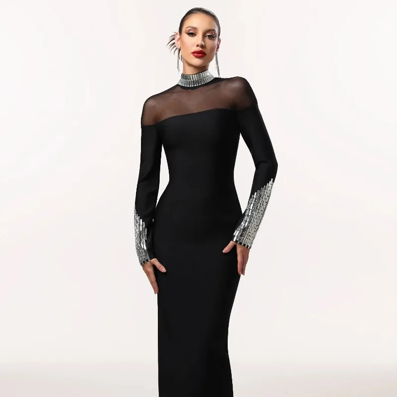 KEXU Moda Feminina Gola Alta Manga Longa Slim Fit Strass Vestido Sexy Malha Patchwork Bodycon Party Maxi Vestido