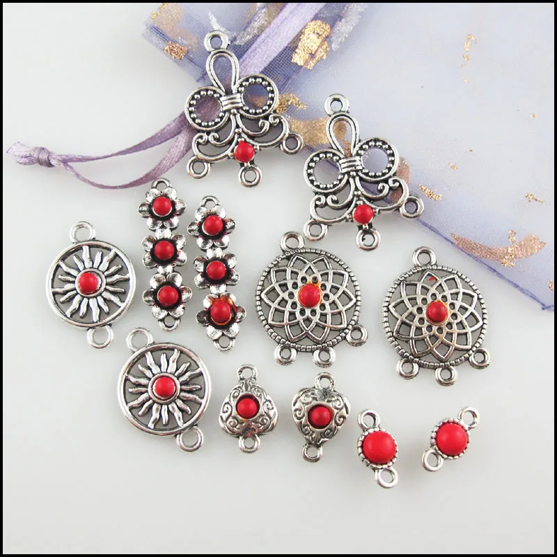 Fashion New Red Turquoise Stone Connectors Charms Flower Heart Tibetan Silver Plated Pendants Retro