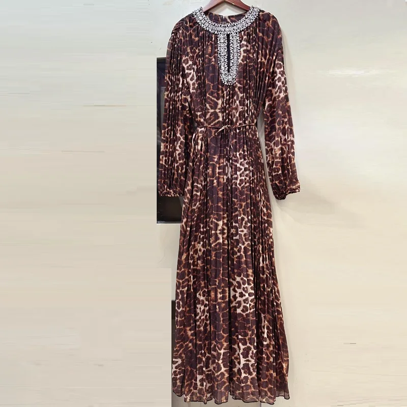 

2025 Spring Fashion Long Dress High Quality Women Crystal Beading Deco Sexy Wild Leopard Print Long Sleeve Evening Maxi Dress