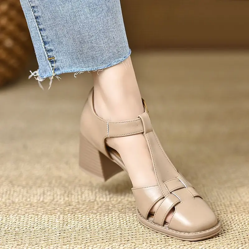 Neue 2026 Mode Echtleder-Sandalen für Damen mit Dicken Hohen Absätzen Büro-Kleiderschuhe Sommer-Damenschuhe Elegantes Schuhwerk – Detail 5