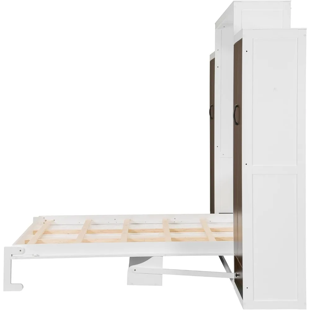 سرير ميرفي بالحجم الكامل، سرير خشبي كامل الجدار مع خزانة، أدراج ومكتب، أبيض