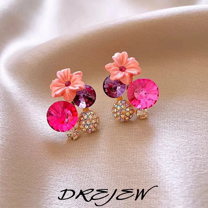 

DREJEW European and American Colored Flower Earrings for Girls with Sweet Temperament Fashion High-end Studs Versatile Jewelry