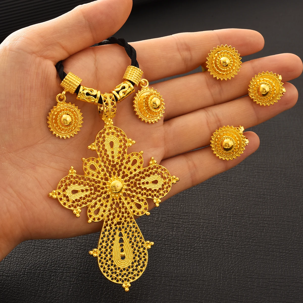 24K Gold Color Plated Cross Jewellery Set Dubai Ethiopian Necklace Pendans Earring RIng African Wedding Bride Birthday Gifts