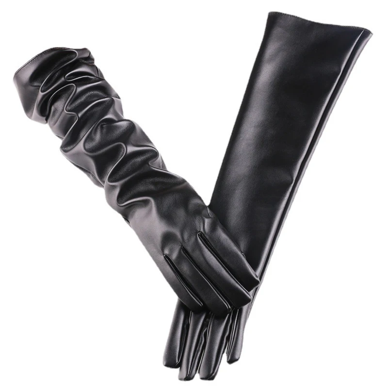 Fashion Women Winter Warm Simulation Leather Gloves Female Stage Performance Arm Sleeves Outdoor Full Finger Driving Long Mitten