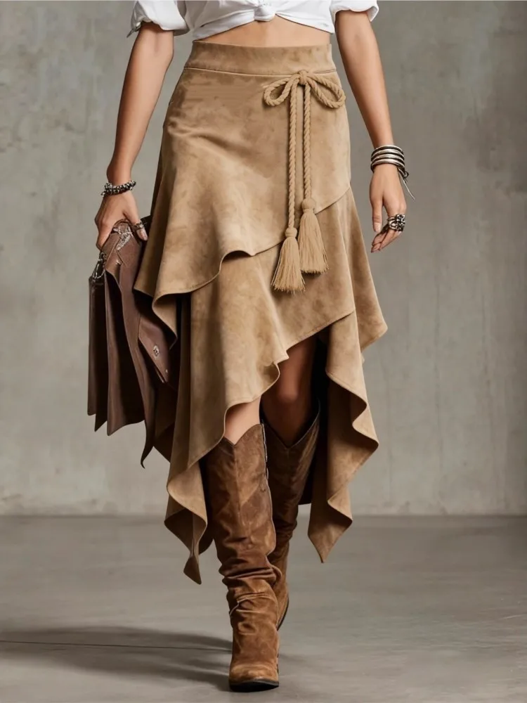 New Retro Asymmetry Suede Lace-up Midi Skirt For Woman Bohemian Style Rope Vintage Autumn  Fashion Street A-Line Skirts Lady