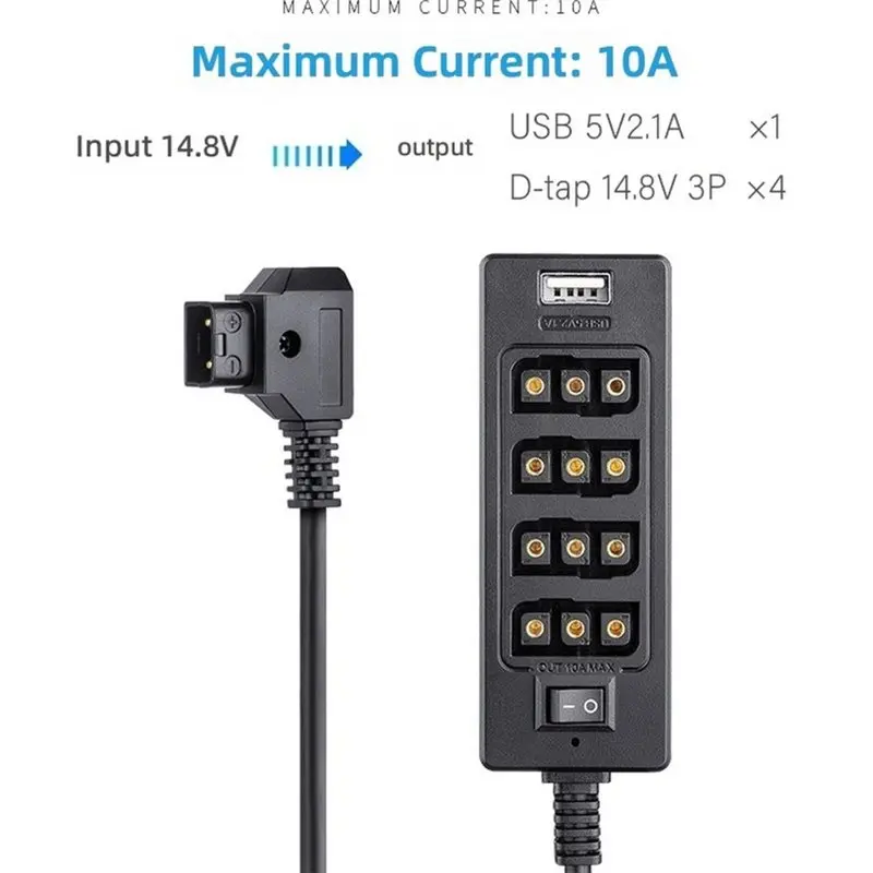 ABJF-Dtap Splitter Cable With Power Switch D-Tap For V-Mount V Lock, Gold Mount Battery To 3P X 4 Female Port & USB Port