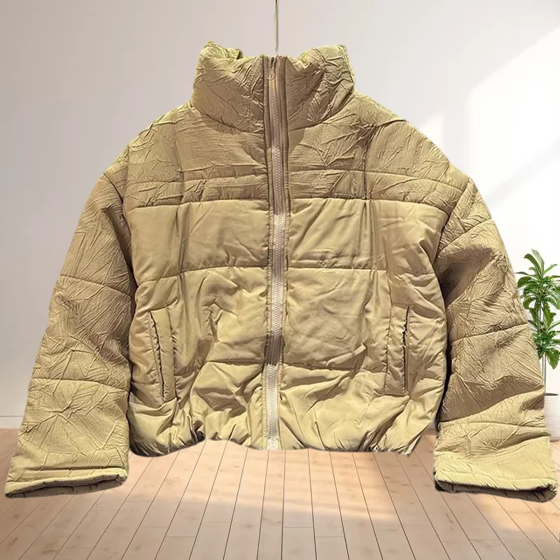 

Miyake, новая зимняя абрикосовая хлопковая одежда, женская свободная короткая куртка с воротником-стойкой на молнии, универсальная утолщенная куртка, блузка