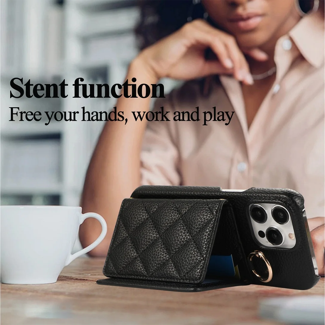 Luxury Crossbody Grid Leather Card Wallet Case For iPhone 11 12 13 14 15 16 17 Pro Max Plus Mirror Makeup Phone Cover With Ring