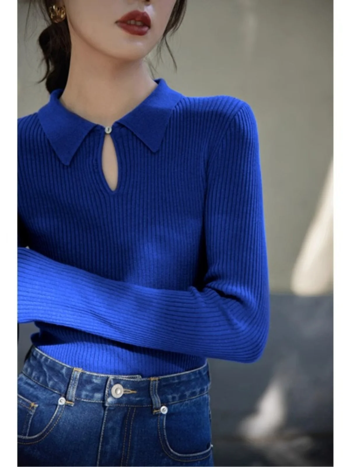 

Klein Blue Vintage Autumn Winter Neck Design Slim Fit Versatile Sweater Top White Enhancing Inner Wear Korean Style Long...