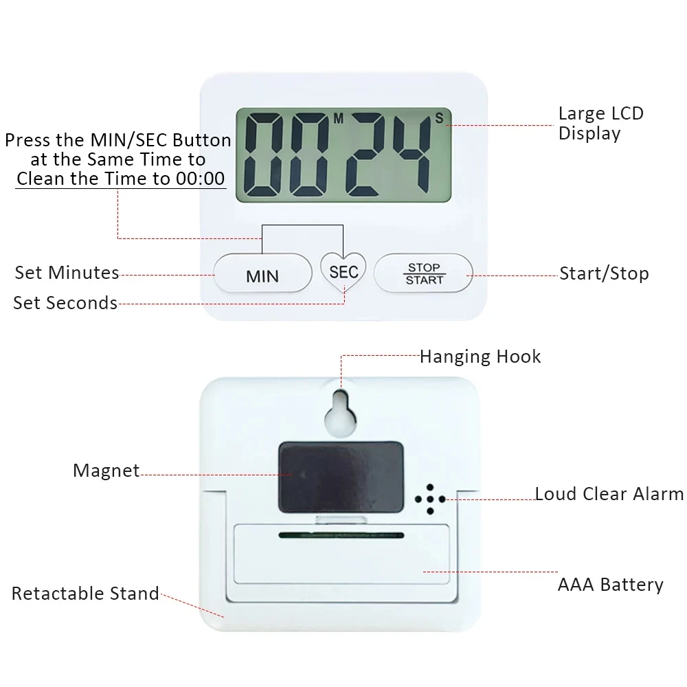 Digital Display Cooking Kitchen Timer LCD Display Electronic Timer Positive Negative Baking Timer Reminder Timing Big Loud Alarm