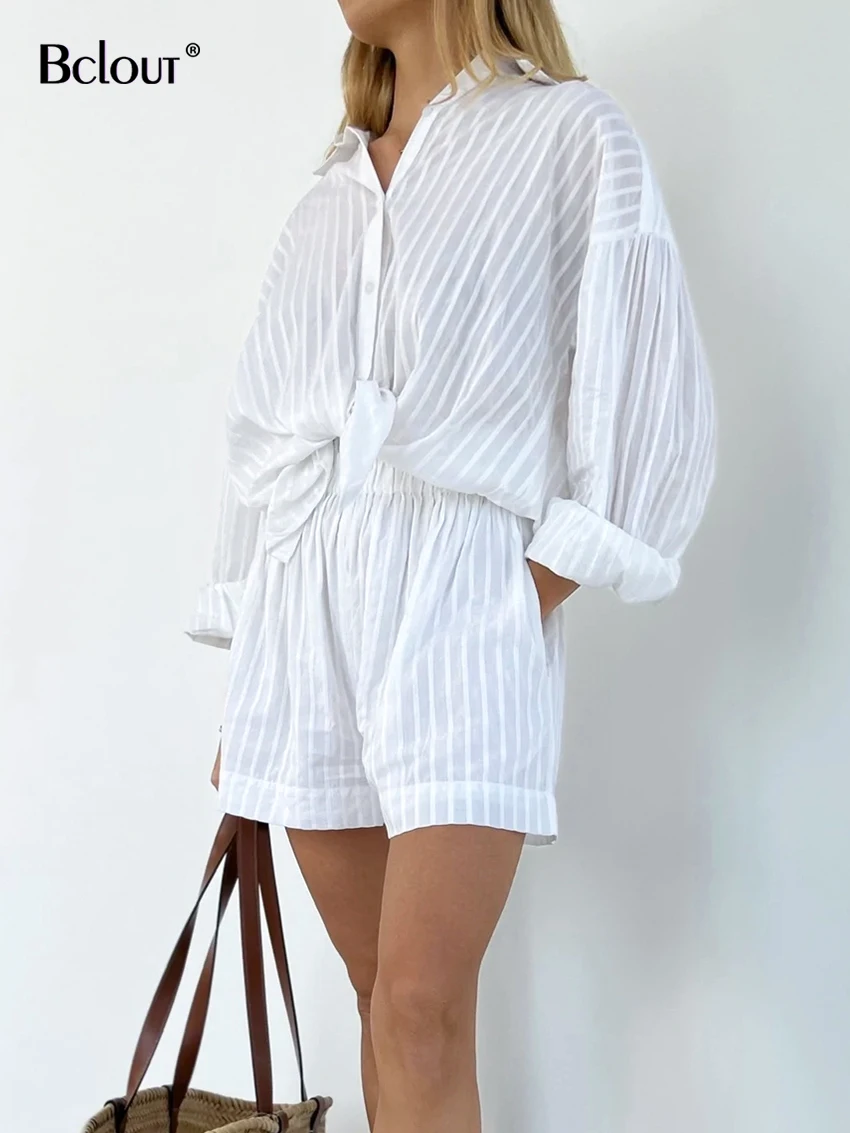 Bclout Summer White Stripe Shorts Sets Women 2 Pieces Outfits Fashion Lantern Sleeve Shirts Elegant Cotton Wide Leg Shorts Suits