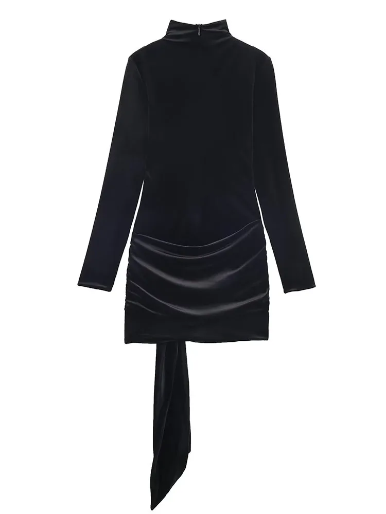HH Women's Fashion Long Sleeves Mini Dress Black Half High Collar Belt Decoration Zipper Female Autumn Sexy Slim Velvet Dresses