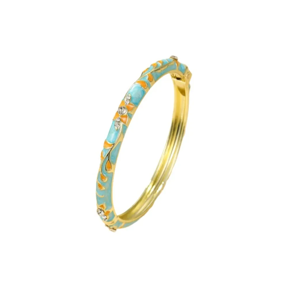 Elegant Enamel Flower Bangle Chinese Style Colorful Enamel Vintage Cloisonne Bangle Ethnic Style Alloy Open Cuff Bracelet Bride