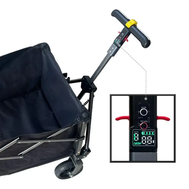 Foldable four-wheel electric trolley with PD 65W power bank, T-handle, suitable for camping, beach and children