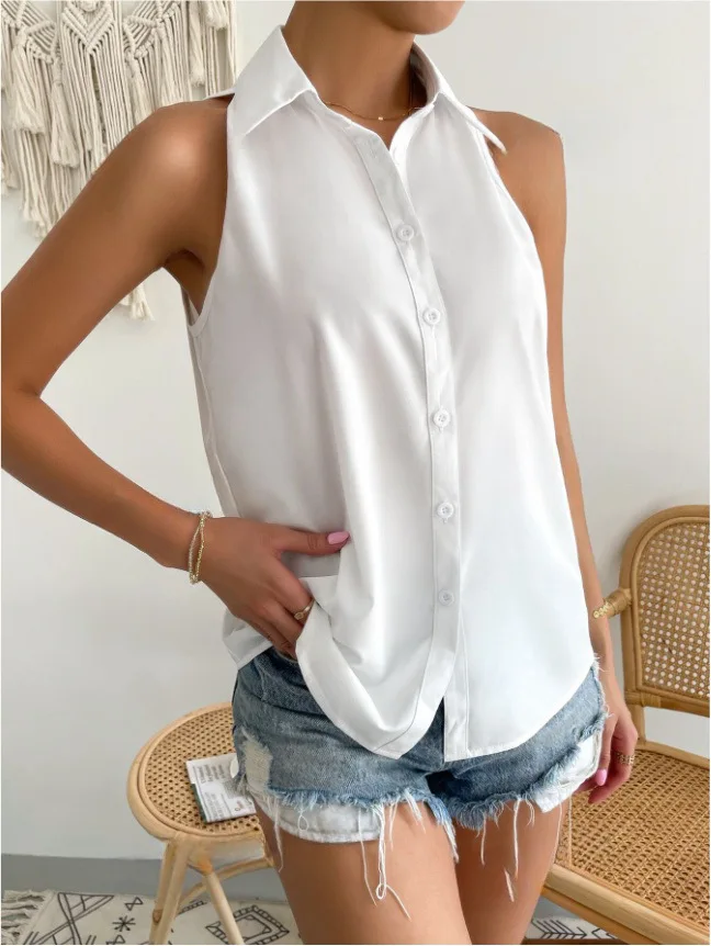 

Women's Sleeveless Tank Tops Button Down Shirts Solid Color Casual Loose V Neck Blouse For Work Blouses Female Chiffon Shirts