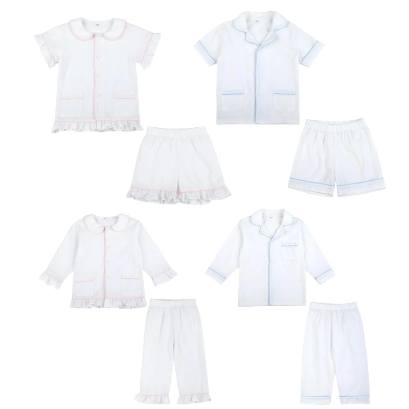 Весенне-летние детские пижамные комплекты, домашняя одежда для маленьких девочек и мальчиков, шикарные наряды, белые мягкие детские пижамные комплекты Seersucker с длинным рукавом