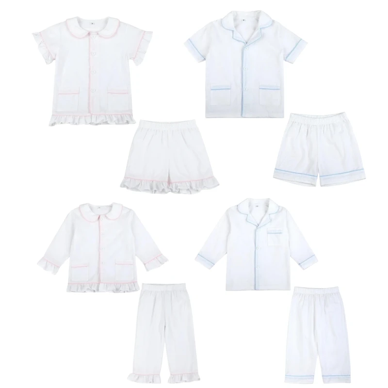 Spring Summer Children Pajamas Sets Baby Girls Boys Homewear Sibling Outfits White Seersucker Soft Kids Long Sleeve Pyjamas Set