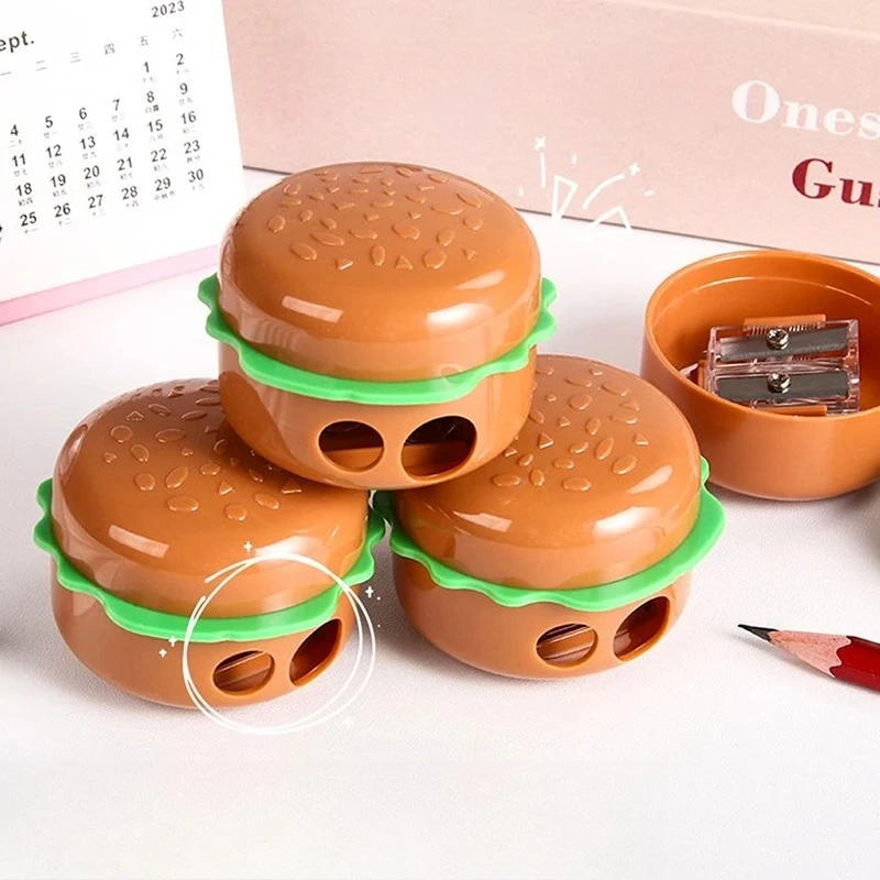 Sacapuntas de lápiz con forma de hamburguesa simulada, sacapuntas de lápiz de dibujos animados de doble agujero, regalo de escuela primaria, premio