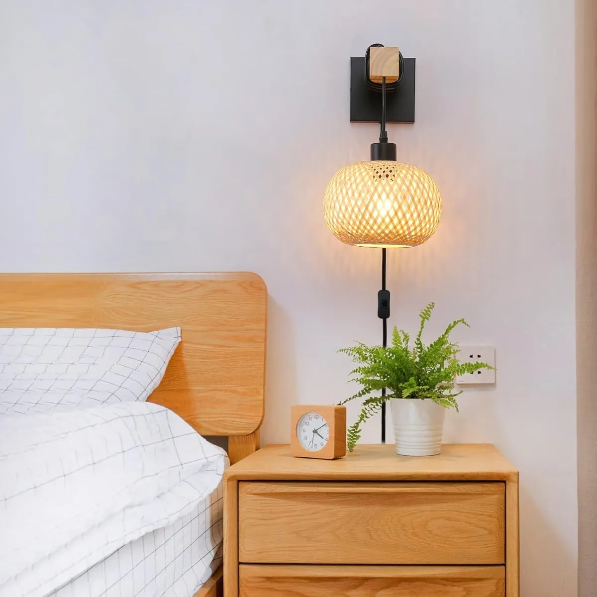 JOYINLED Farmhouse Bamboo Wall Sconce, Plug-in Hand-Woven Rattan & Wood Pendant Light Bedroom Living Room Hallway Ceiling Lamp