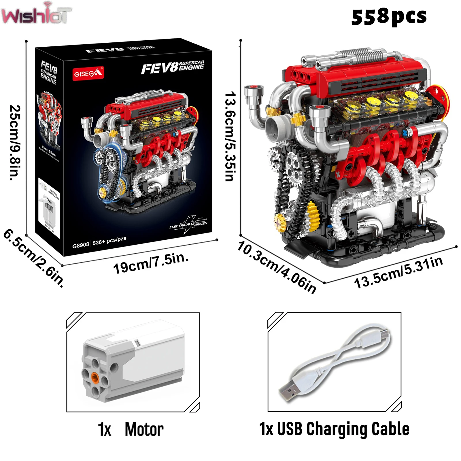 

558PCS Classic Super Car V8 Engine Electric Building Blocks Simulation Model Power Motor Driven Ornaments Assembly Toy Boys Gift