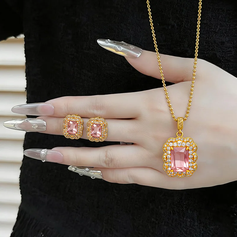 Light luxury 24K real gold micro-inlaid colorful gem necklace earrings ring 9999 niche high-end design clavicle  three-piece set