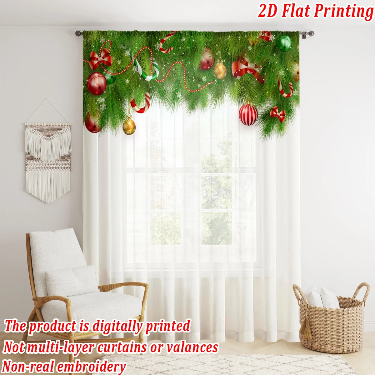 ستارة شفافة مطبوعة مسطحة لعيد الميلاد مع فروع كرة الصنوبر لعيد الميلاد وحلوى القوس لغرفة المعيشة وغرفة النوم وحفلات العطلات