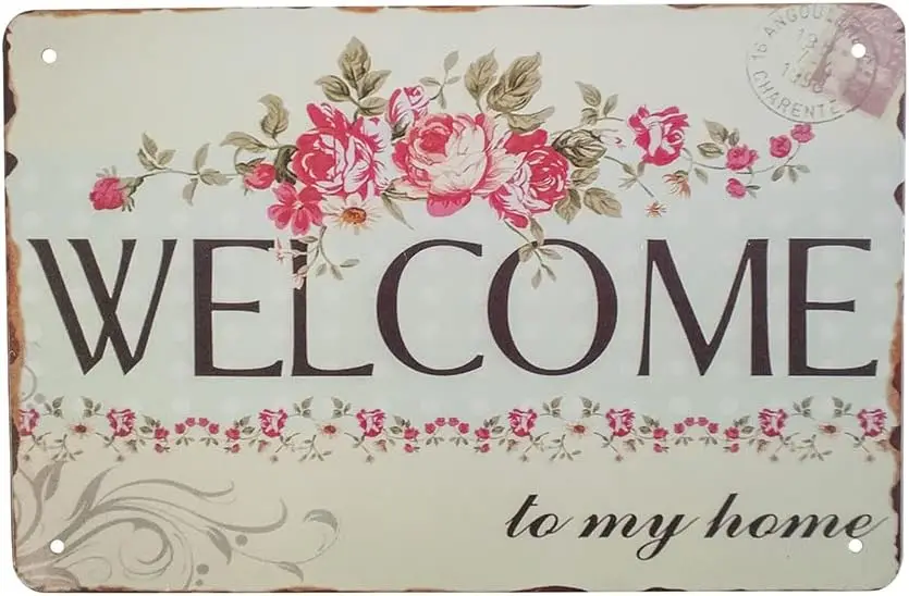 Treasure Gurus  Vintage Tin Welcome to My Home Flowers Wall Sign Rustic Farmhouse Floral Porch Kitchen Door Decor