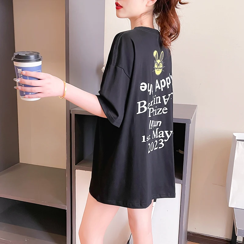 Cotton Short Sleeve T-shirt Women's Summer 2024 Embroidery Flower Mid-length Korean Version Crew Neck Top Loose Women's Clothing