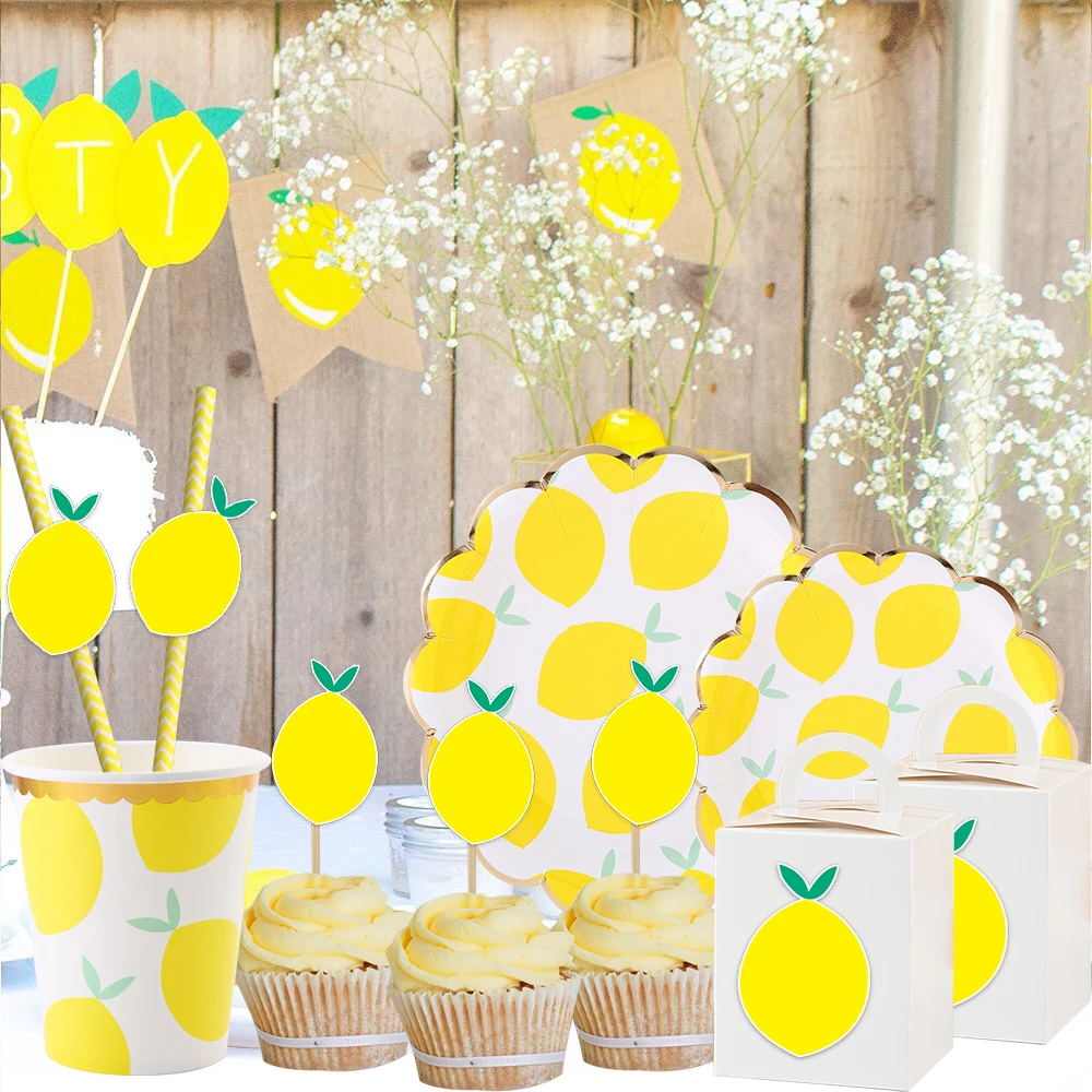 1set Lemon Disposable Straws Paper Cake Toppers Hanging Banner for Summer Lemon Happy Birthday Pool Party Decoration Supplies