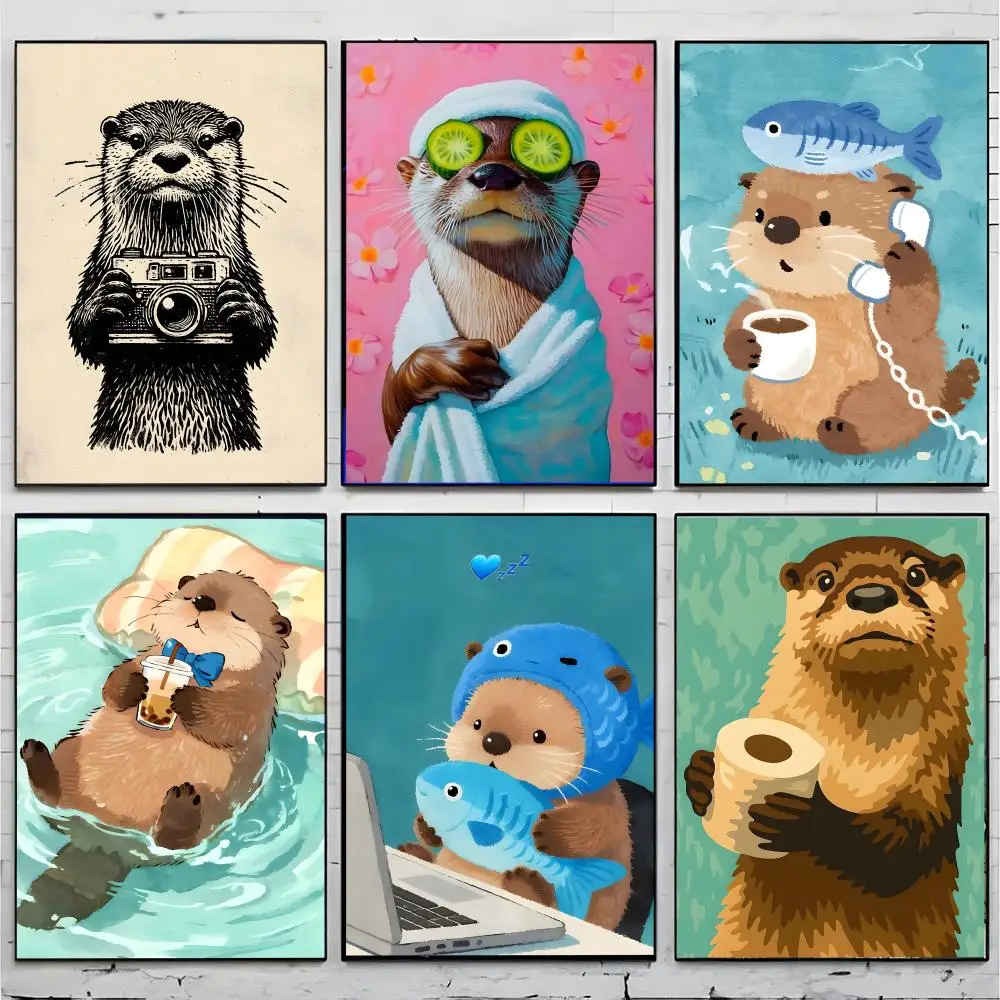 illustration character Funny Otter And Raccoon Bathroom Poster Superior Home Space  Indoor Decorative Art & Home Decor