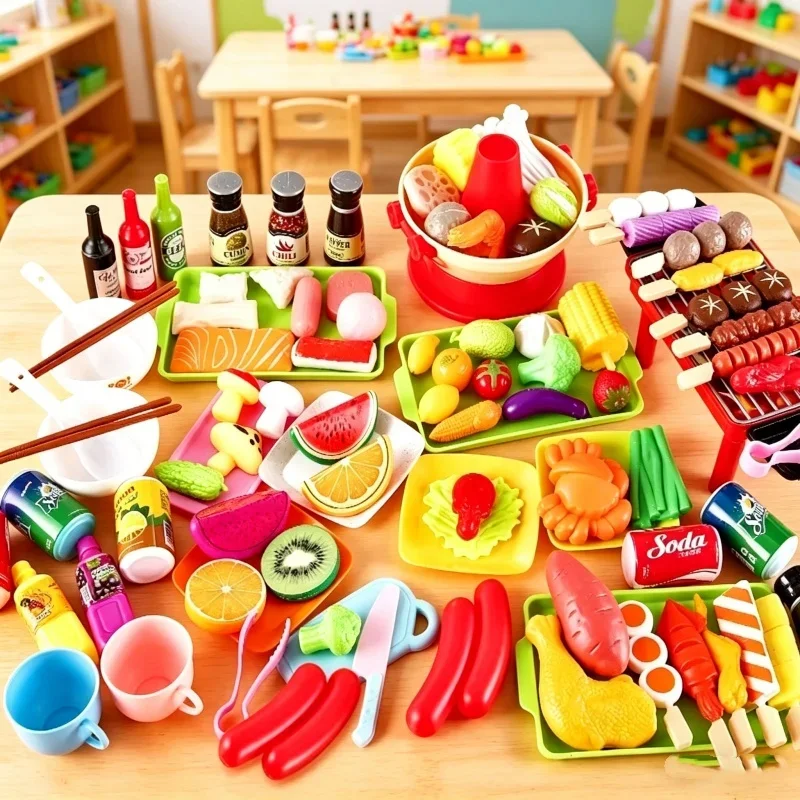 Children Educational Kitchen Play Set Simulation Vegetable Food Barbecue Cooking Toys Interactive Play House Toy For Girls Kids