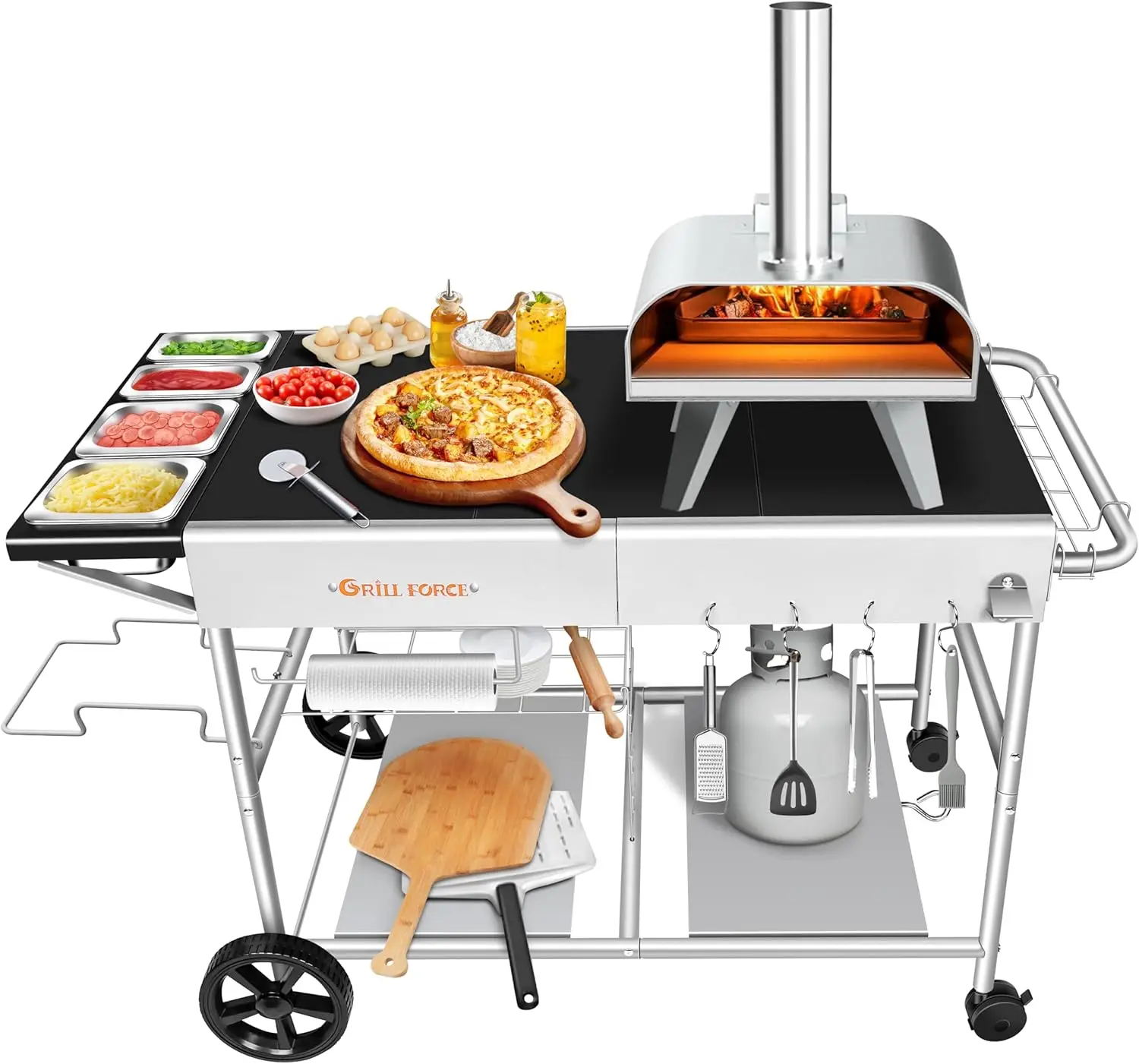 Pizza Oven Table with Pizza Topping Station,Movable Pizza Oven Stand,Pizza Oven Cart