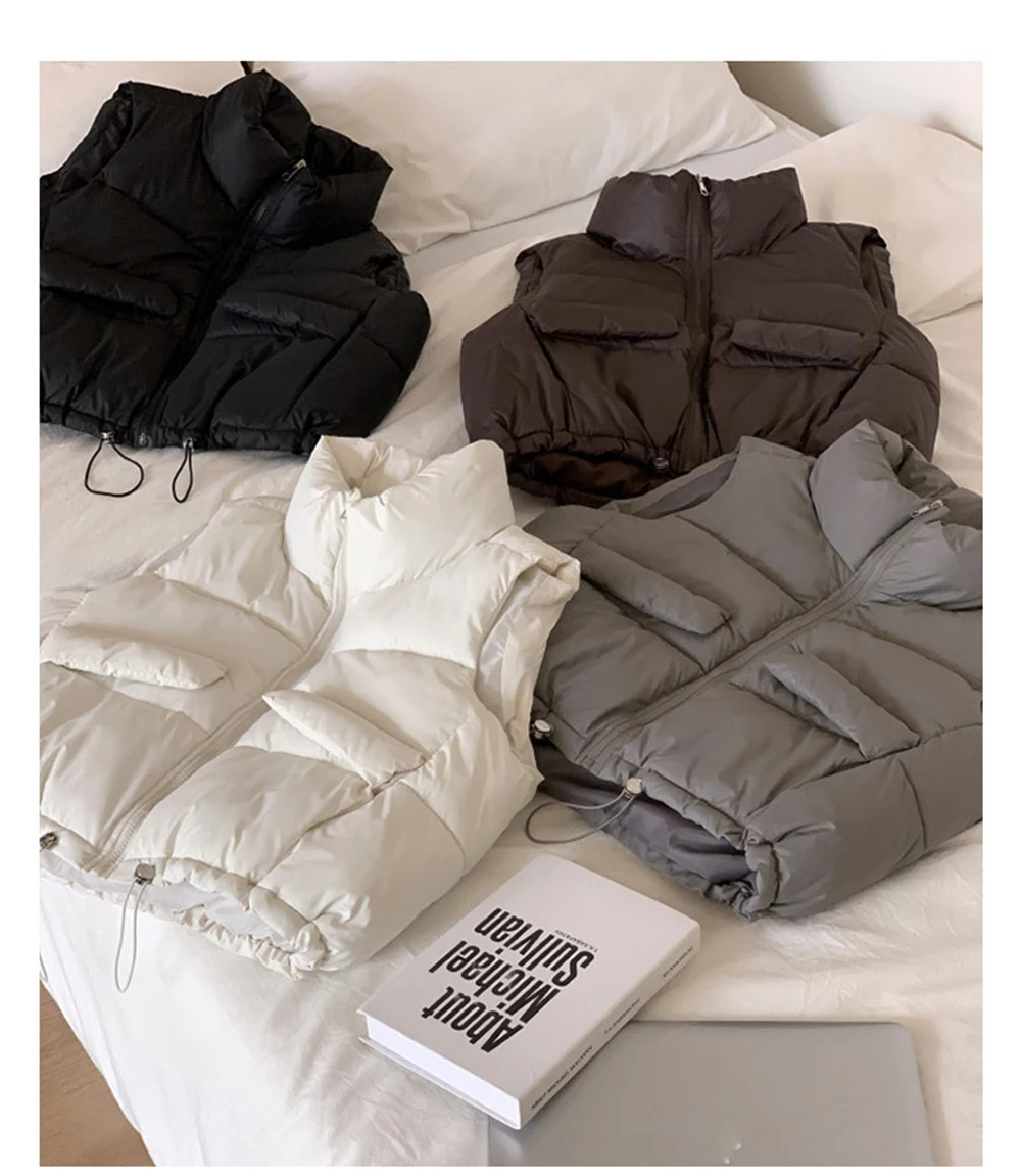 Fashion Solid Down Cotton Vest Women's 2024 New Winter Stand Collar Zipper Design Puff Waistcoat Versatile Casual Female Tops